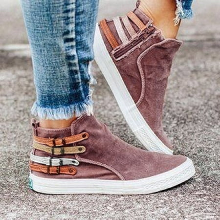 

ERTUTUYI New European And American Autumn Casual Belt Buckle Side Zipper Denim Single Shoes Canvas Shoes Pink 42