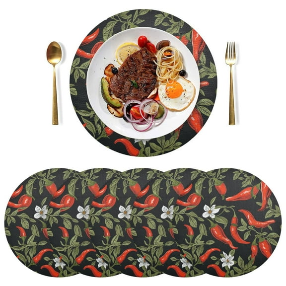 Chili Leaves Flowers Black Round Placemats Plate Mats 15 Inch Non-Slip Heat Resistant Washable PVC Set Indoor for Kitchen Dining Table 1PC