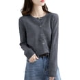 thumbnail image 3 of Womens Long Sleeve Button Up Knit Cardigan Light-Bodied 2026 Crewneck Button Down Sweaters for Women Dark Gray M, 3 of 8