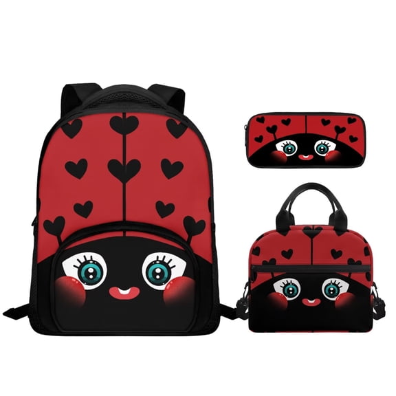 Binienty Cute Ladybug School Backpack for Girls 4-6 Lightweight Little Girls Bookbag with Lunch Box and Pencil Case 3 In 1 Kids Back to School Gifts