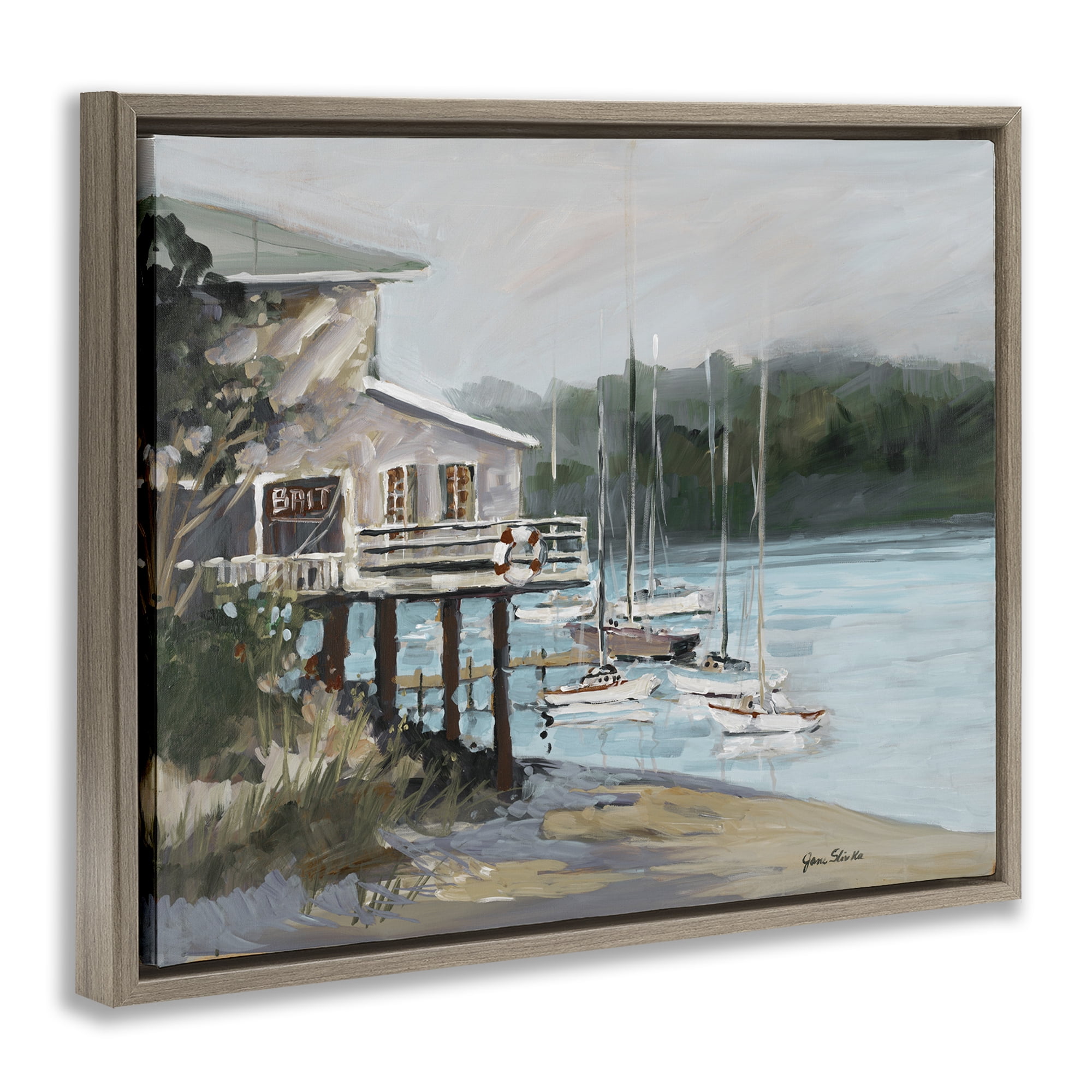 Stupell Industries Boat Marina Harbor Coastal Painting Brown Floater Framed Canvas Art Print Wall Art, 31 x 25