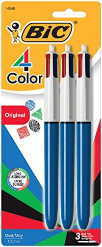 4-Color Retractable Ballpoint Pen, Assorted Ink, 1mm, Medium, 3/pack