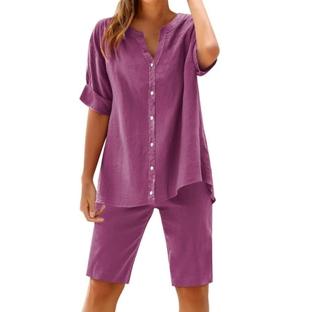 GZWYHT Two Piece Sets for Women Lounge Sets for Women Womens Daily Casual Solid Long Sleeve Shirt Tops Pockets Pants Shirt Trousers Set Two Piece Sets for Women Summer Sets for Women Hot Pink M