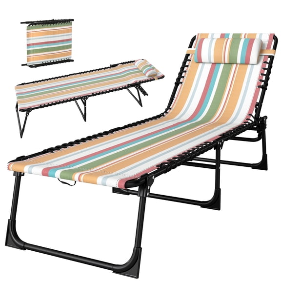 Sun Lounger, Folding Garden Beach Chair with 4-Position Adjustable Backrest, Breathable Mesh Fabric and Powder-Coated Steel Frame, Rainbow Striped, 74.5 x 22.75 x 11.75 Inches