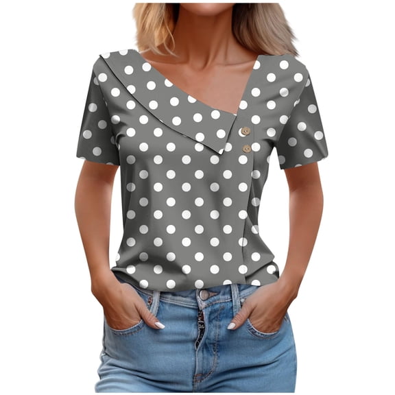 Short Sleeve Shirts for Women, Women's Retro Polka Point T-Shirts Fashion Slanted Collar Short Sleeve Tops Elegant Ladies Tees Going Out Clothes