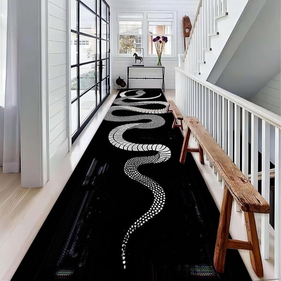 Snake Runner Rug, Black Boa Flower and Arrow Design Rugs with Moon Stars and White Spots on Body, Modern Non-Slip Washable Large Area White Hallway Long Carpets for Living Room Bedroom… (8, 2x7ft)