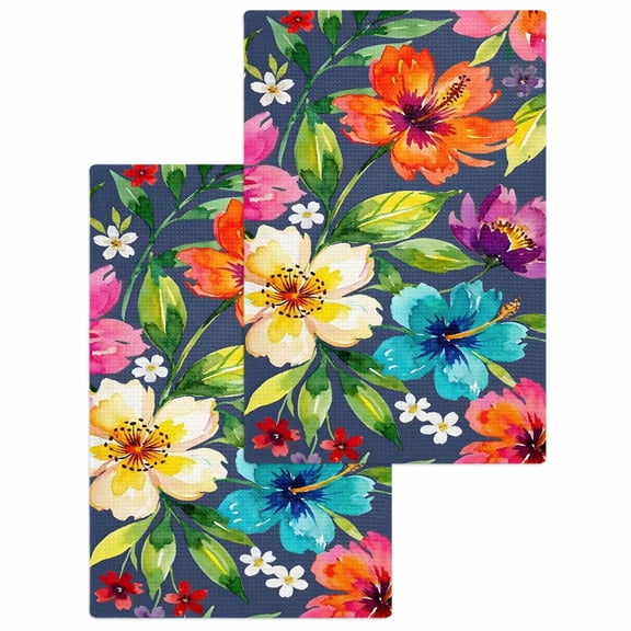 Colorful Flowers Kitchen Dish Towels for Drying Dishes Set of 2, Spring Floral Watercolor Blue Waffle Weave Microfiber Hand Tea Bathroom Towels Quick Dry & Absorbent Towel 15.7x23.6