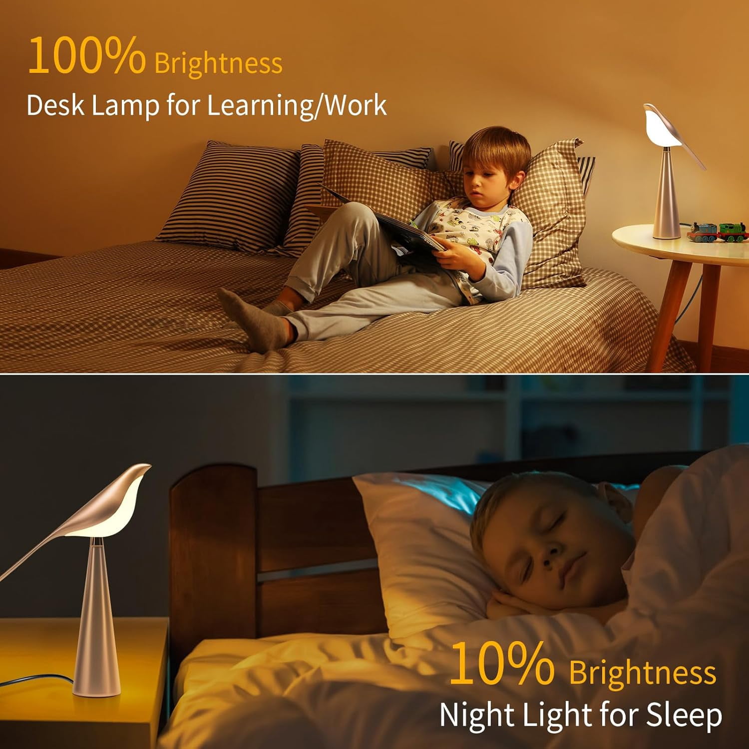 Table Lamp for Bedroom, Bird Night Light, 10 Level Dimmable Brightness Bedside Lamps, Desk Lamp for Dorm, Office, Gift, Reading, 3 Colors, Metal Finish, Gold, 360° Rotation