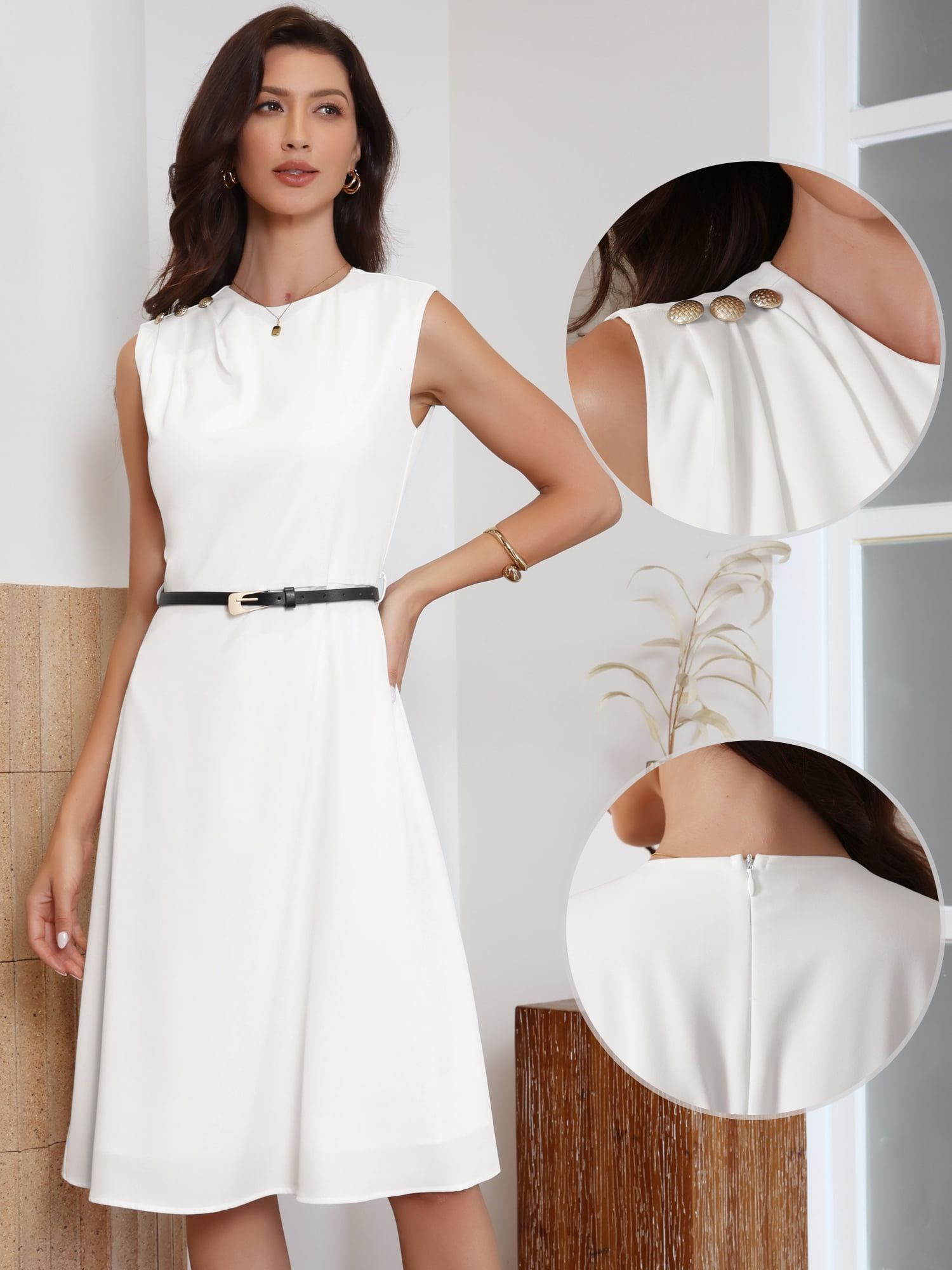 DARING DIVA Women's Sleeveless Crew Neck Button Decor Belted A Line Work Dresses M White