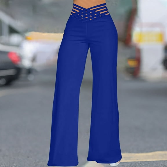 Jjayotai Women's Hollow Out Flare Pants, High Waisted Yoga Wide Leg Straight Palazzo Pants, Loose Comfy 2024 Trousers Blue L