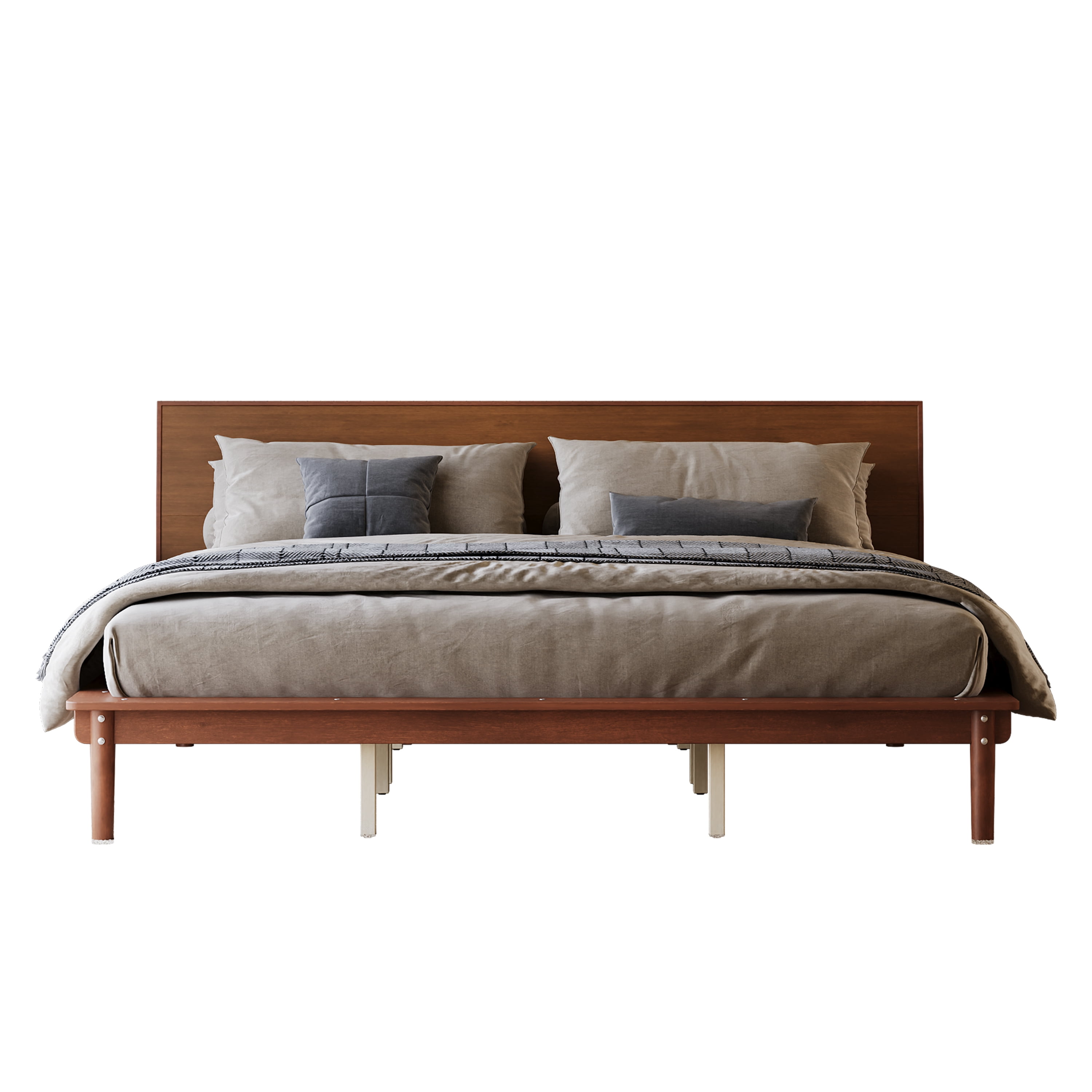 Euroco Wood Mid-Century King Bed, Low Profile Platform Bed Frame with Subtly Angled Headboard, Widened Side Rails, No Box Spring Needed, Natural