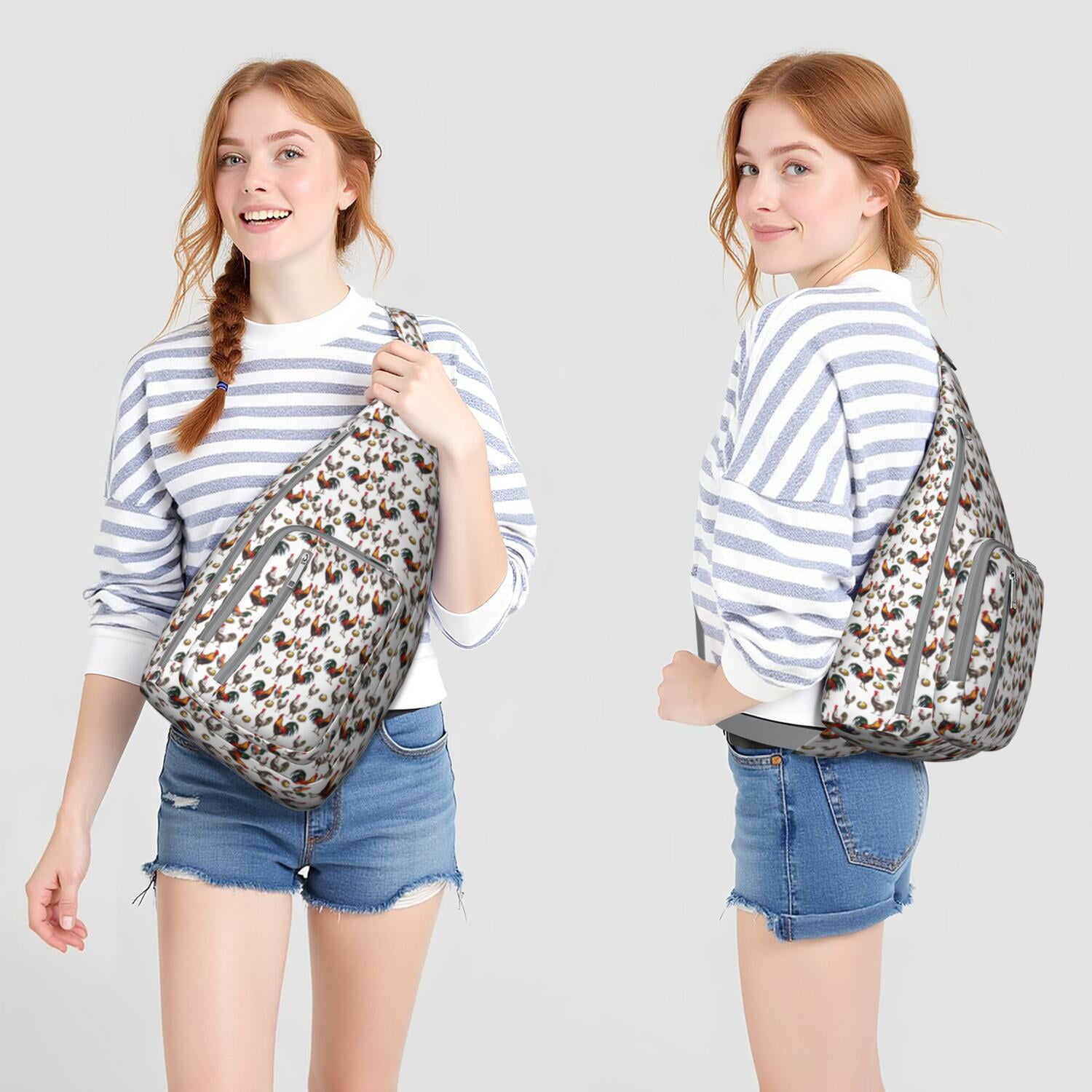 Farmhouse Chicken Print Canvas Sling Bag - Retro Rooster & Eggs Crossbody Shoulder Pack for Men/Women, Cute Farm-Themed Casual Daypack (Rustic Chick Coop Design, Lightweight & Durable)