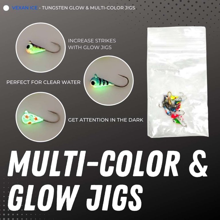 Vexan 12-Pack Tungsten Ice Fishing Jigs Glow & Multi-Color (0.8g, 3 mm, #16  Hook) 