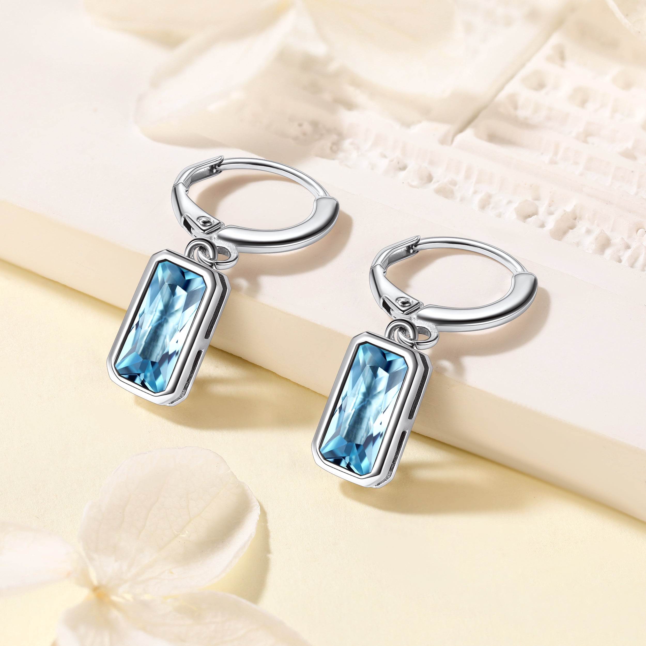 Suplight 925 Sterling Silver Emerald Cut Birthstone Hoop Dangle Earrings, Women Cubic Zirconia Crystal Drop Earrings