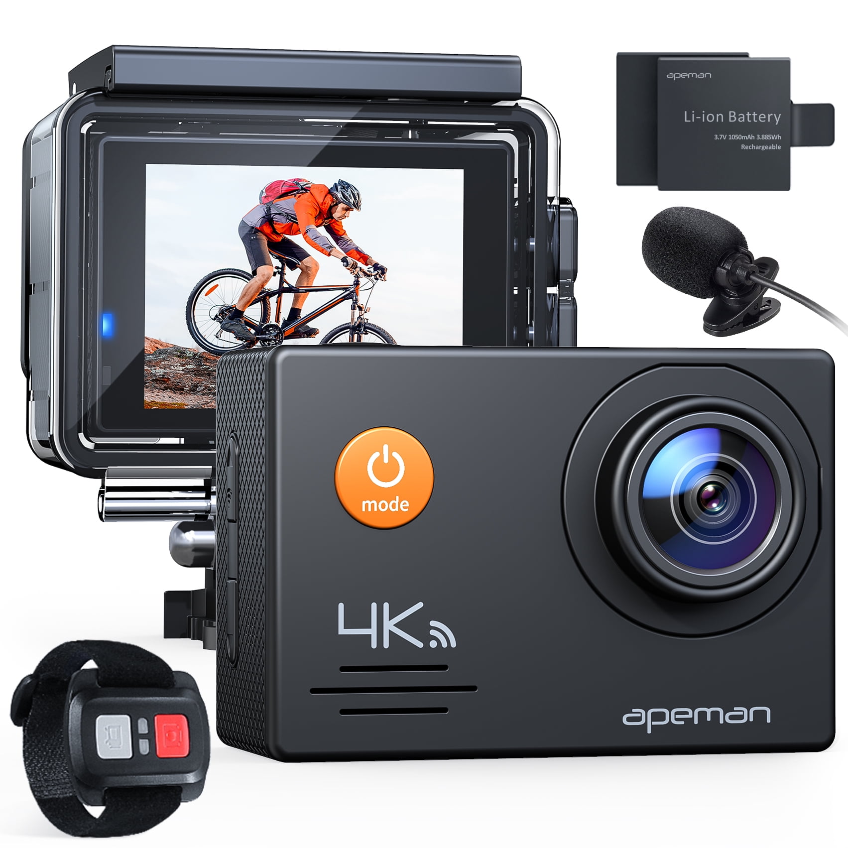 kennis Extreme armoede Raar APEMAN A79 action camera 4K 30fps, Sports Camera with 16MP Sony Sensor, 30m  underwater shooting camera, Gopro Compatible Case,Remote Control, 2*1050Amh  Batteries and GoPro Compatible Accessories Kits - Walmart.com