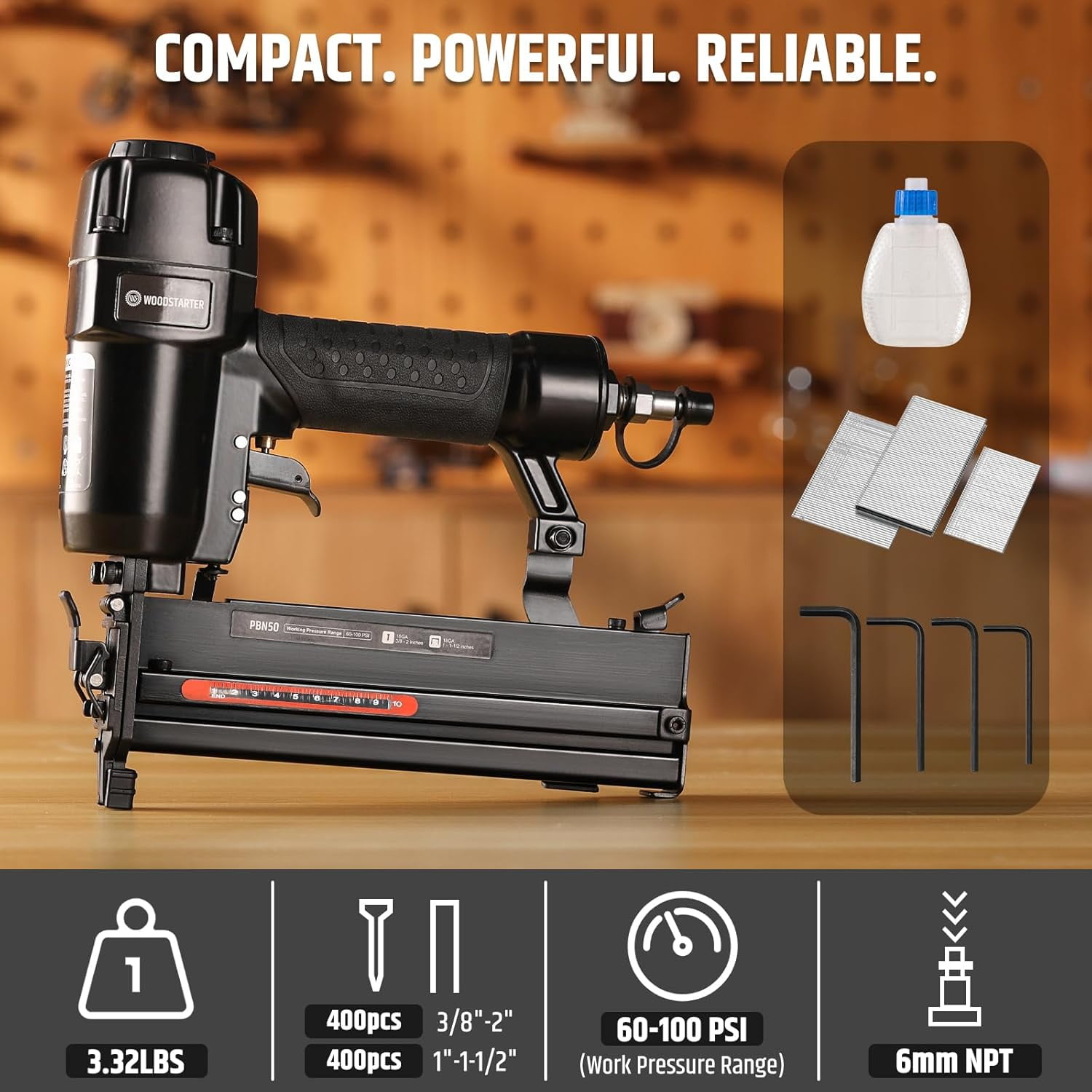 WOODSTARTER Pneumatic Brad Nailer, 18 Gauge 2 in 1 Air Brad Nail Gun and Staple Gun, compatible with 2-Inch Brad Nails and Crown 1-1/2 inch Staples, for Upholstery, DIY Project, Woodworking