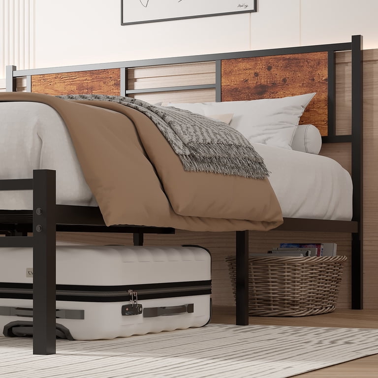 VECELO Full Size Bed Frame With Headboard - Heavy Duty Platform, Wood & Metal, No Box Spring Needed, Underbed Storage, Black/Brown