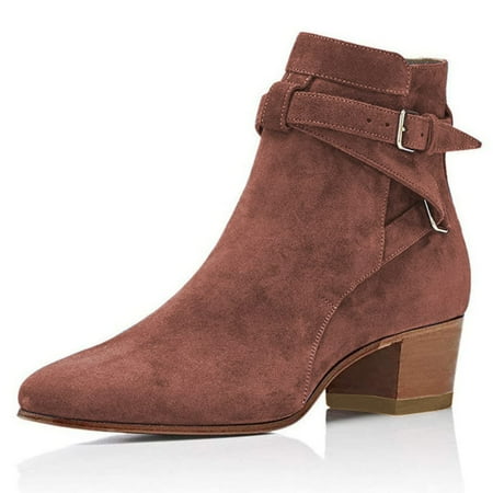 

YDN Women Block Low Heel Suede Cowgirl Boots Pull on Ankle Bootie with Buckle Strap Shoes Size 9 Cinnamon