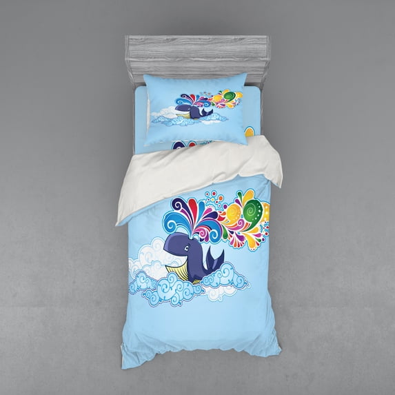Ambesonne Cartoon Bedding Set 3 Pcs, Whale on Cloud Rainbow, Twin XL, Multicolor