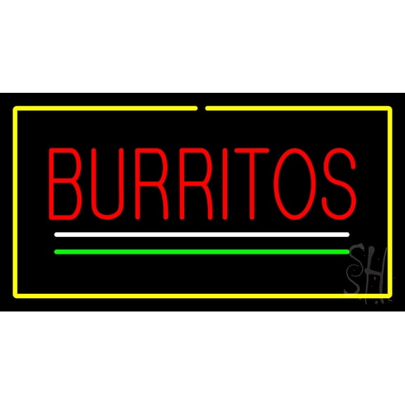 Burritos Yellow Border LED Neon Sign 13 x 24 - inches, Clear Edge Cut Acrylic Backing, with Dimmer - Bright and Premium built indoor LED Neon Sign for restaurant window and interior decor.