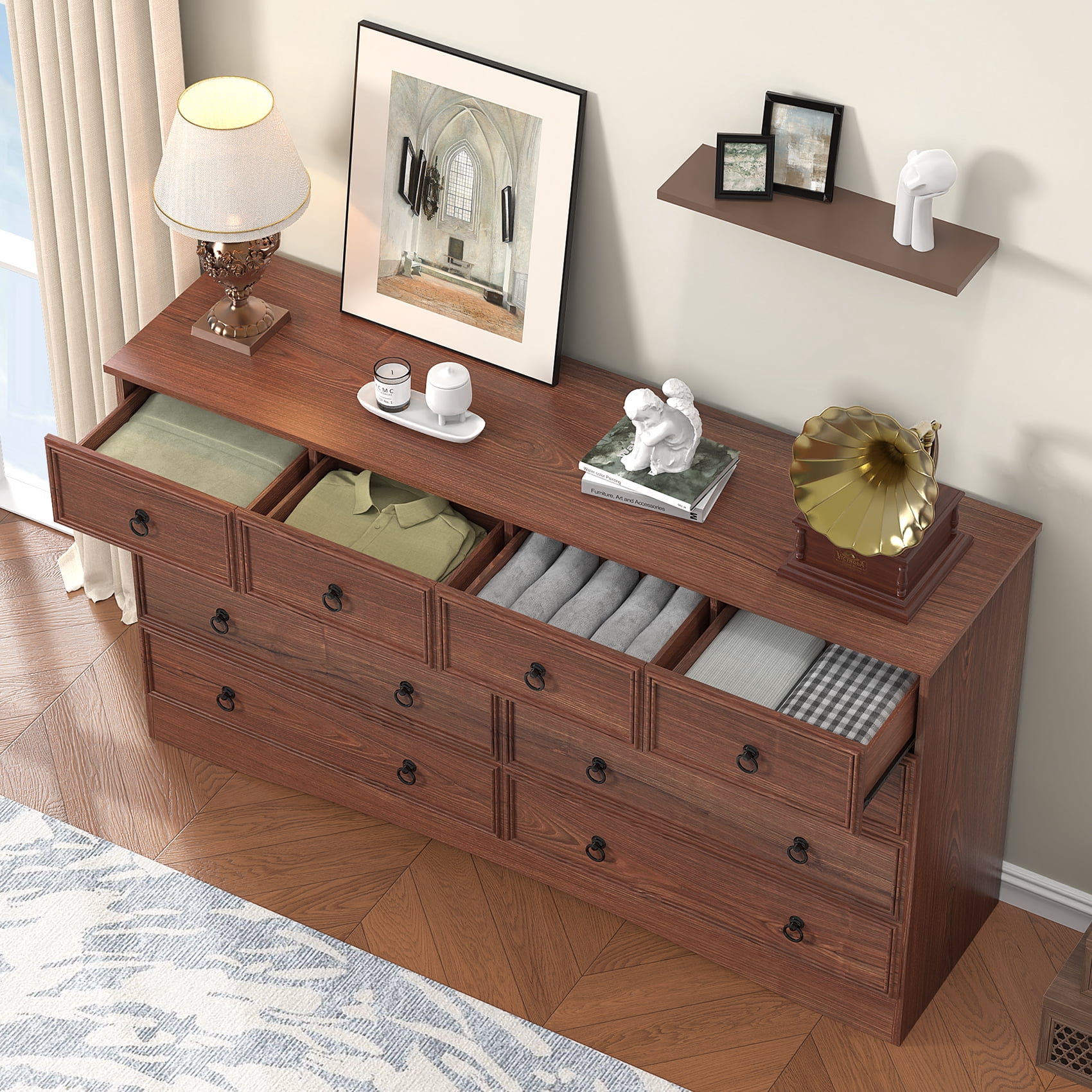 Frmobepts 10 Drawer Dresser for Bedroom, Dresser TV Stand, Chest of Drawers for Storage and Organization, Cherry