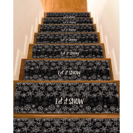Christmas Snowflakes Stair Treads for Wooden Steps Indoor Runner Rug Carpet Winter Xmas Flower Textured Black 10 Pieces Peel and Stick Staircase Step Treads Covers Washable Throw Door Mats 30 x8