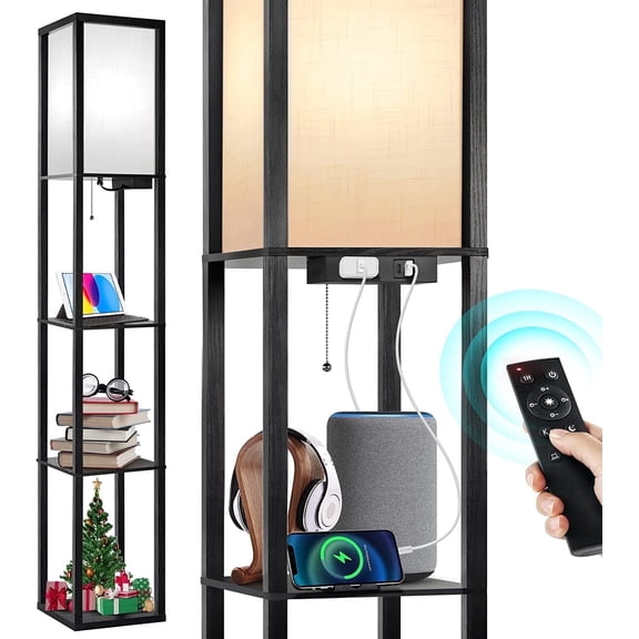 OUTON Floor Lamp with Shelves and Charging, 63.7'' Dimmable Standing Tall Wood Shelf Lamp with Remote for Living Room, Bedroom, Black