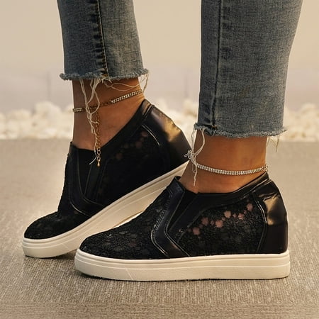 Mortilo Women s casual shoes Women Sports Shoes Wedges Solid Color Lace Flower Mesh Ladies Casual Sneakers Work Shoes 37 Black