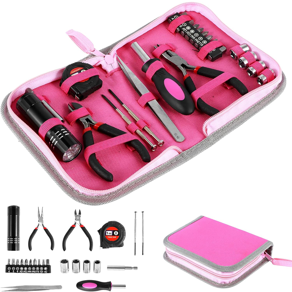 General Household Tool Set, Pink Tool Set withToolbox Storage Case, Essential Hand Tools for Everyday Home Repairs, Household Tool Kit for Women, Girls and Ladies