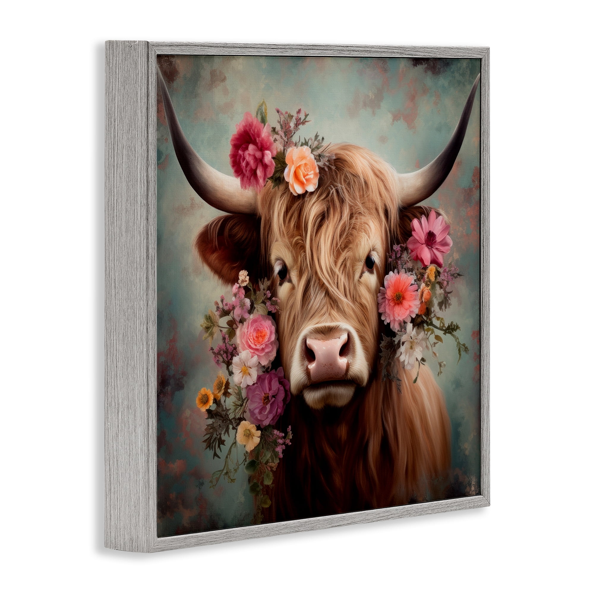 Stupell Industries Cattle with Gerbera Daisies Animals & Insects Painting Gray Framed Art Print Wall Art, 12 x 12