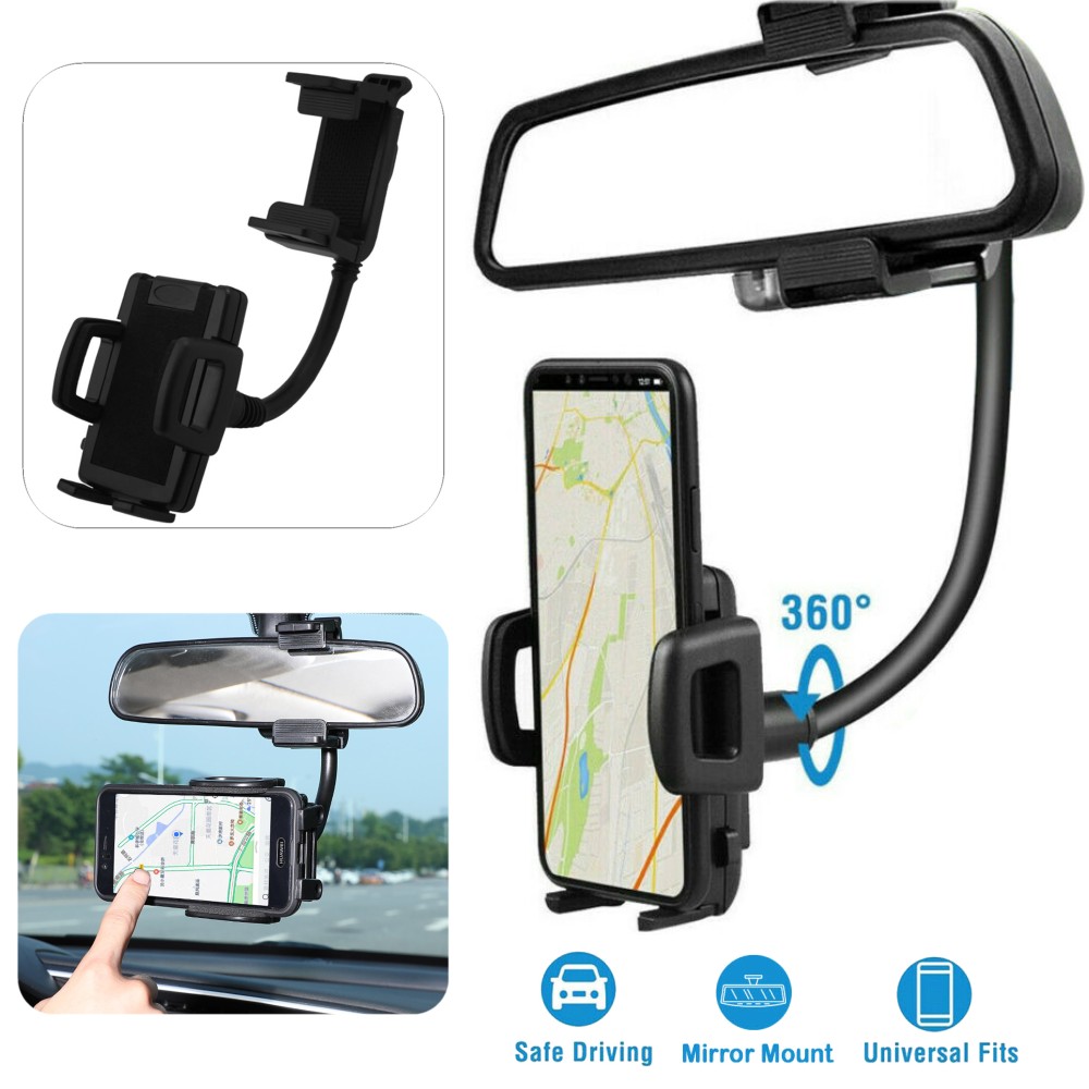 Car Rearview Mirror Cell Phone Holder Universal Adjustable Rear View