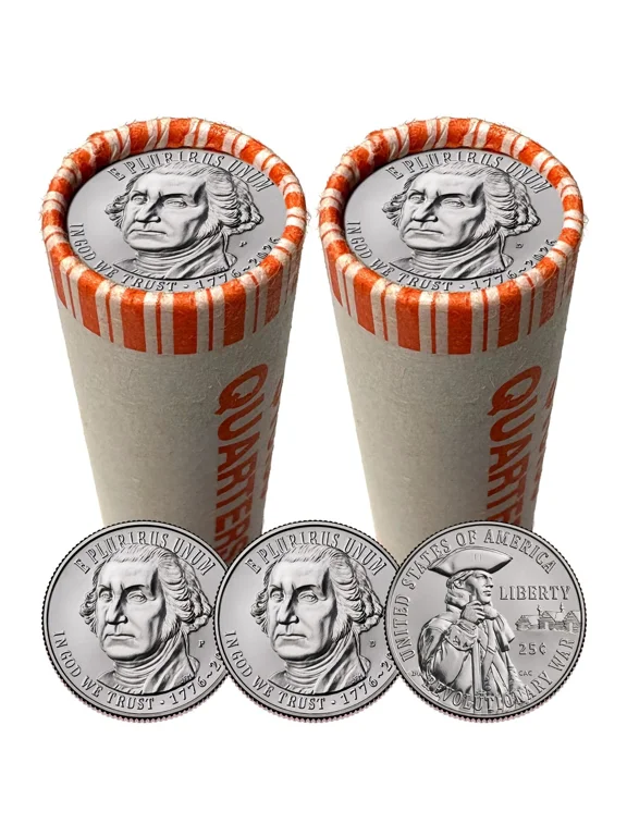 Collectible 2026 Revolutionary War Quarter, 2 Rolls Philadelphia & Denver Mints, Brilliant Uncirculated, America's 250th Anniversary