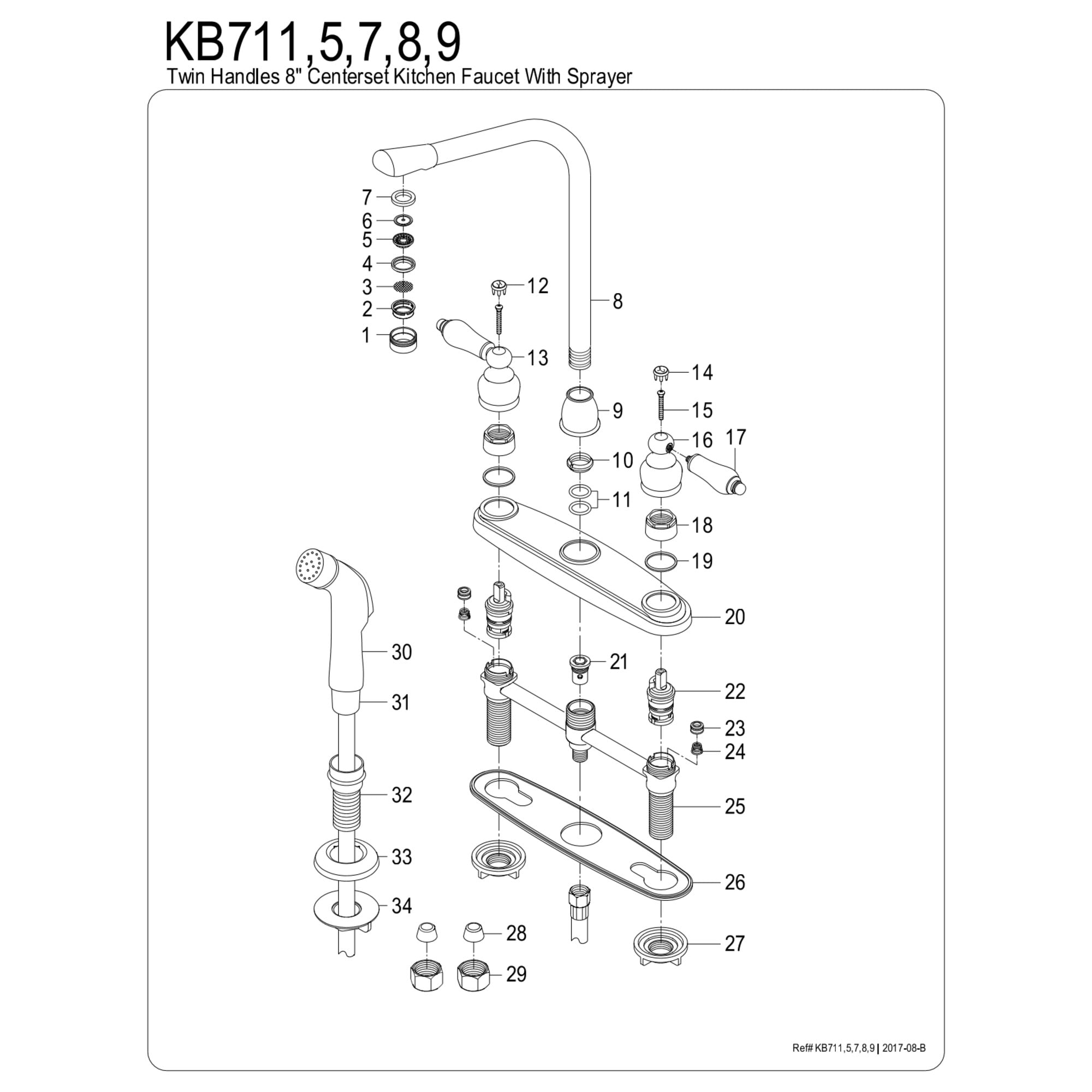 Kingston KB718 Victorian Two-Handle 4-Hole 8" Centerset Kitchen Faucet with Side Sprayer in Brushed Nickel
