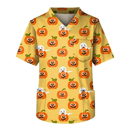 

HHei_K Halloween Scrubs Men s Short Sleeve V Neck Halloween Print Chest Pocket Carer Top