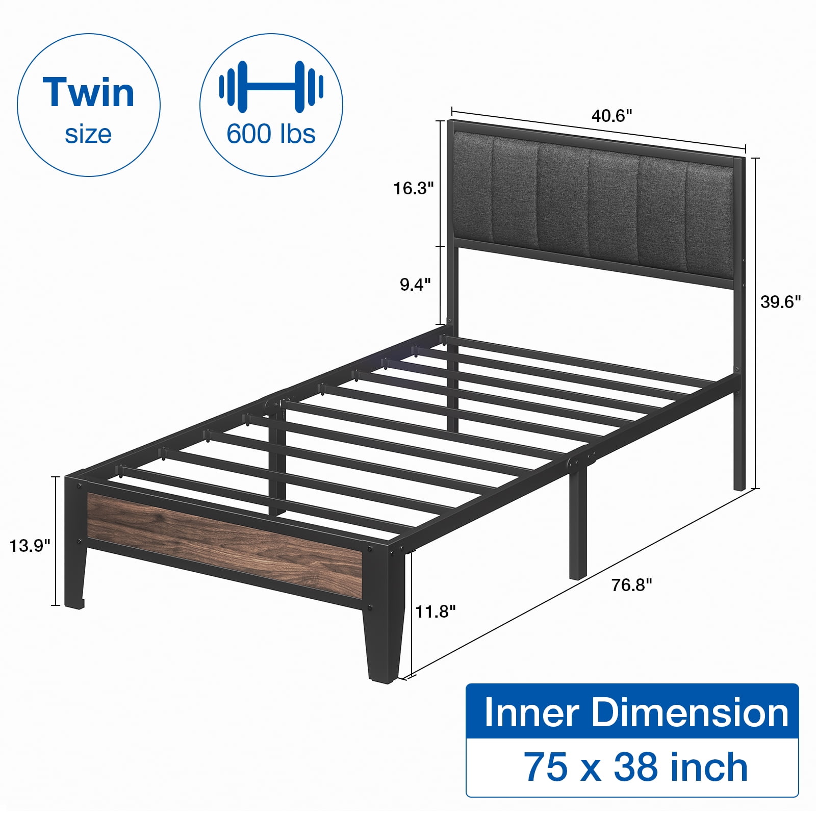 Lusimo Bed Frame Twin, Metal Platform Bed with Fabric Upholstered Headboard No Box Spring Needed Easy Assembly, Dark Gray