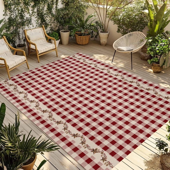 Western Texas Star Retro Outdoor Rug for Patio/Deck/Porch, Non-Slip Large Area Rug 6 x 9 Ft, Country Vintage Red Beige Plaid Indoor Outdoor Rugs Washable Area Rugs, Camping Rug Carpet Runner