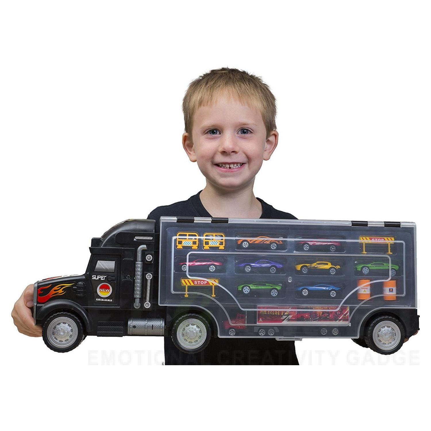 Toy Truck Super Mega Extra Large Tractor Trailer Car Collection Case Carrier Transport Toy Truck For Kids Includes 12 Cars 1 Small Tractor Trailer & 6 More Accessories