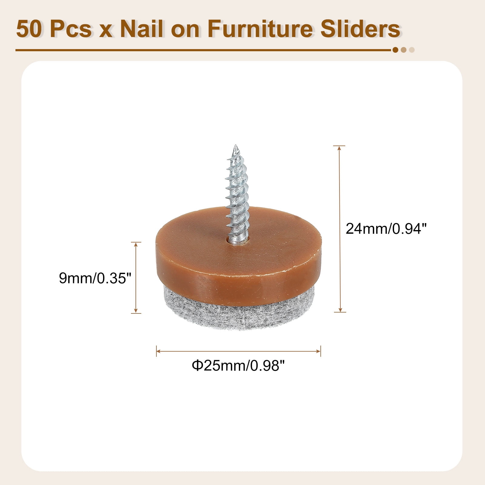 Nail-on Furniture Sliders, 50Pack Nail-on Felt Pad Round Chair Table Feet Pads Chair Leg Floor Protectors for Hardwood Floors (Brown, 28mm/1.1")