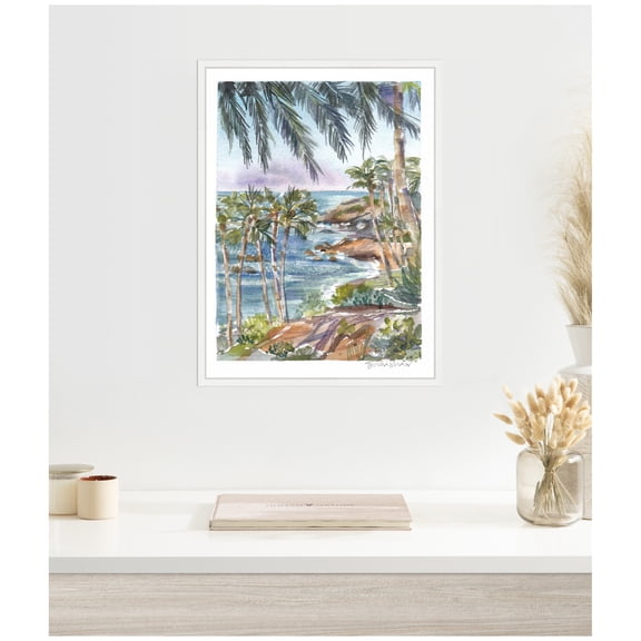 Kate and Laurel Laguna Beach California Scene Framed Canvas Wall Art by Patricia Shaw 18 x 24 Sylvie White, Coastal, Beach, Landscapes, Tropical Art for Wall Decor, Living Room Bedroom