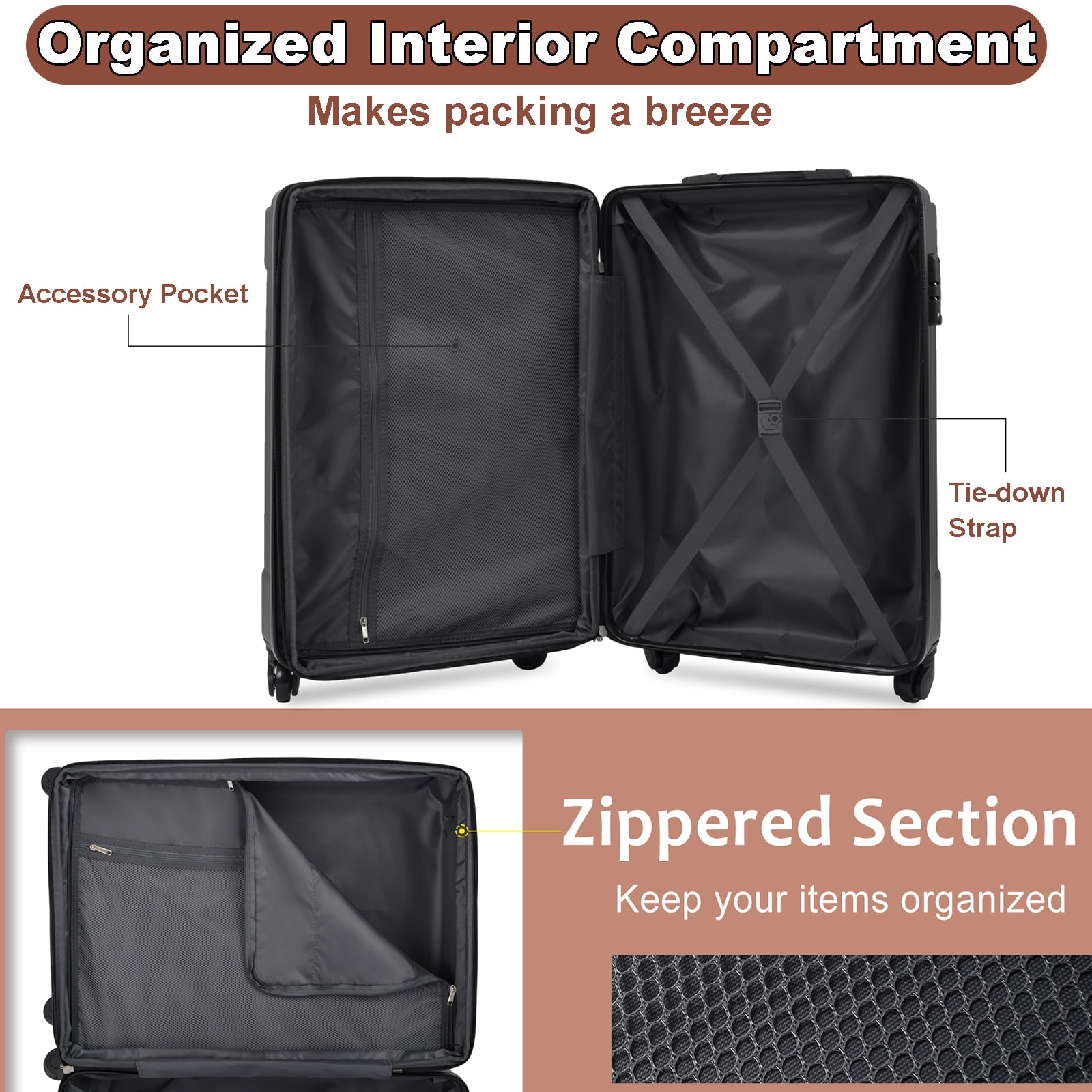 Luggage Sets 3 Piece Lightweight Hardside Rugged Travel Suitcase with Wheels, 22” x 14” x 9” Airline Approved, TSA Lock, Black Brown