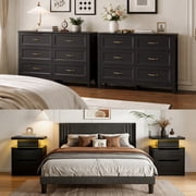 Asofer Bedroom Furniture Sets, Include Queen Size Bed Frame, 6-Drawer Dresser & 6-Drawer Dresser and 2 Nightstands, Black