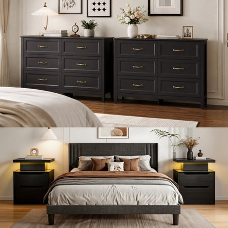 Asofer Bedroom Furniture Sets, Include Queen Size Bed Frame, 6-Drawer Dresser & 6-Drawer Dresser and 2 Nightstands, Black