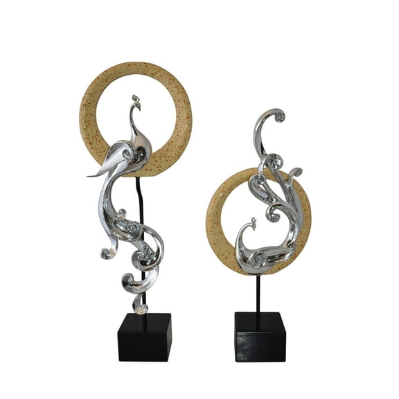 Nifao Set of Graceful Silver Finish Peacocks Resin Statue – Home Decor Sculpture, 11"L x 6"W x 28"H