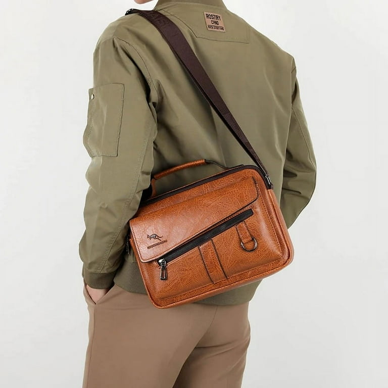 Kangaroo Men Shoulder Bag Leather Messenger Bag For Men Office Business Briefcase Small Handbag Male Crossbody Side Bags Black