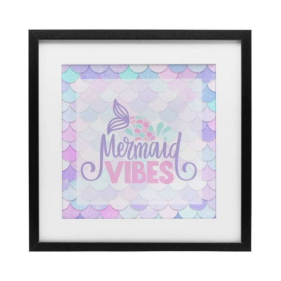 Pastel Mermaid Vibes Black Framed Print Under Glass, design by Kim Allen