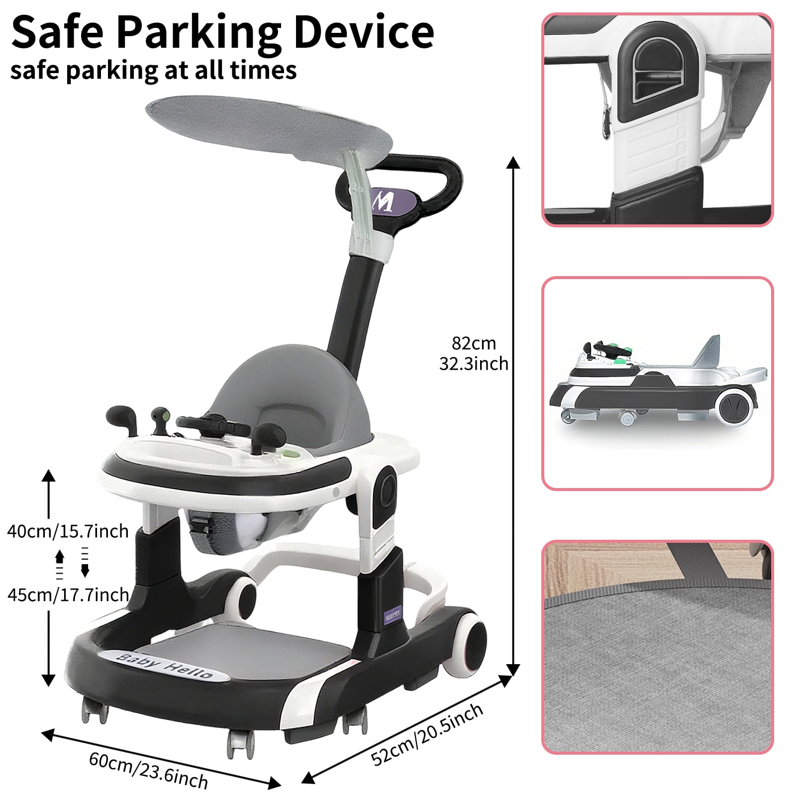 HENG Co. 5-in-1 Foldable Baby Walker with Foot Pads & Handles for Boys and Girls 6-24 Months, Black