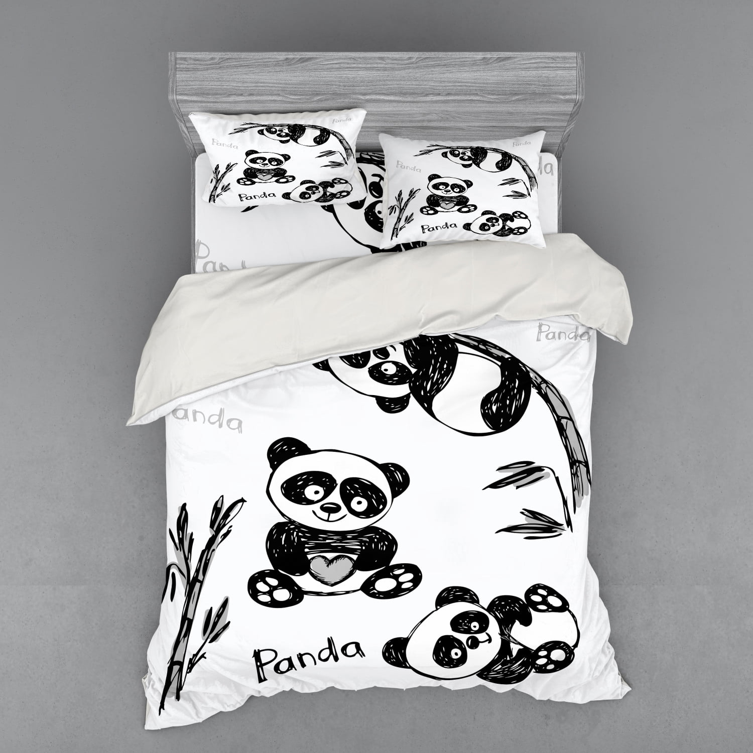 Panda Duvet Cover Set, Cheerful Animal Different Poses Bamboo Branch