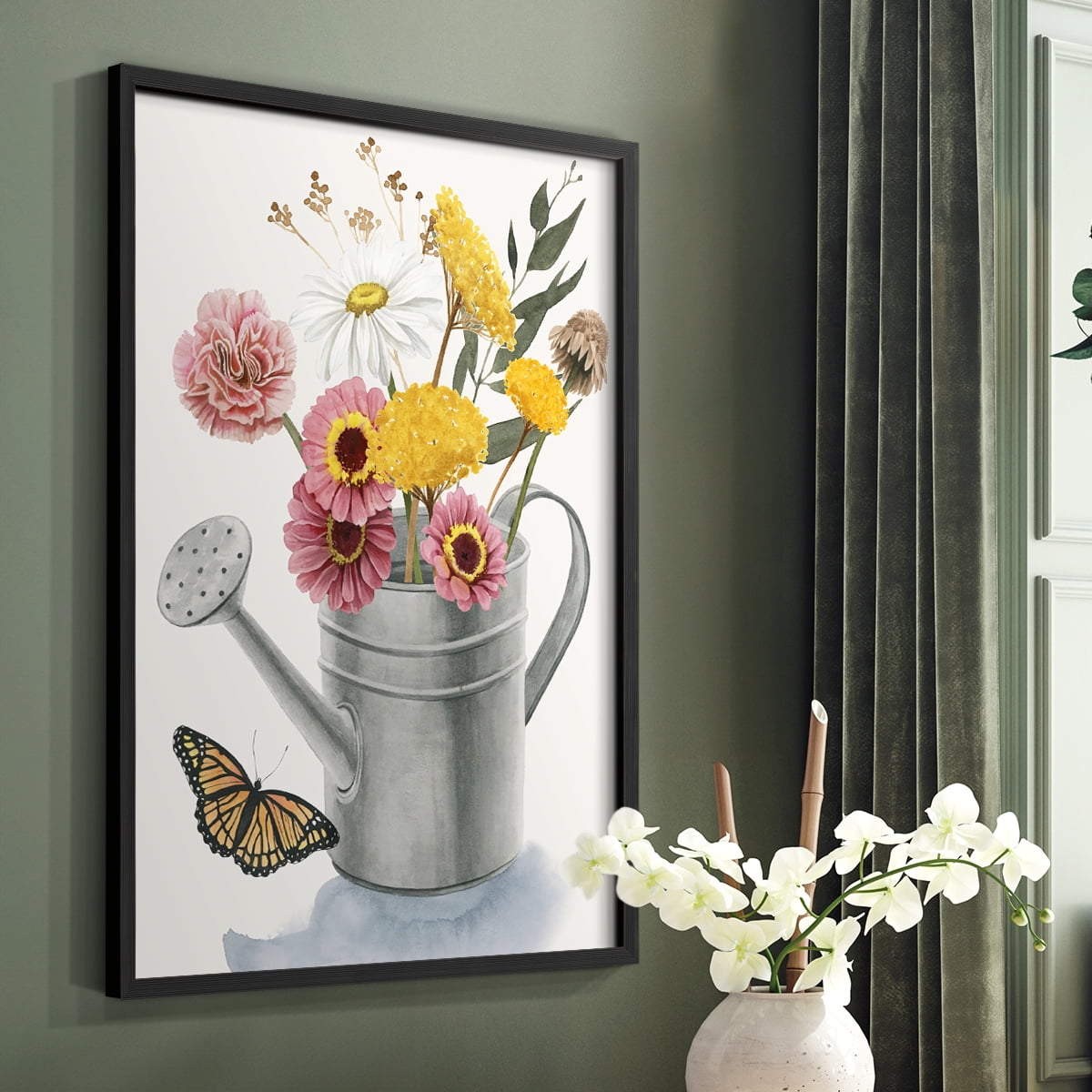 Watering Can Bouquet I Framed Print in Black Solid Wood 11 x 14 Framed Print