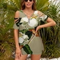 thumbnail image 3 of Vintage White Magnolia Pattern on Khaki Background Womens Summer V Neck Zipper Top Short Sleeve T Shirt Off Shoulder Top Casual Classy Loose Shirts, 3 of 7