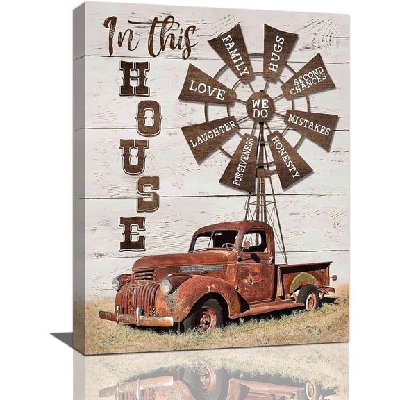 Rustic Farmhouse Red Truck Wall Art Country Old Windmill Pictures Wall Decor In This House Car Canvas Prints Framed Modern painting Artwork for Kitchen Bathroom Living Room Office 12"x16"